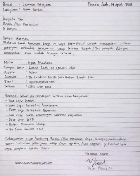 Contoh Surat Lamaran Kerja Tulis Tangan