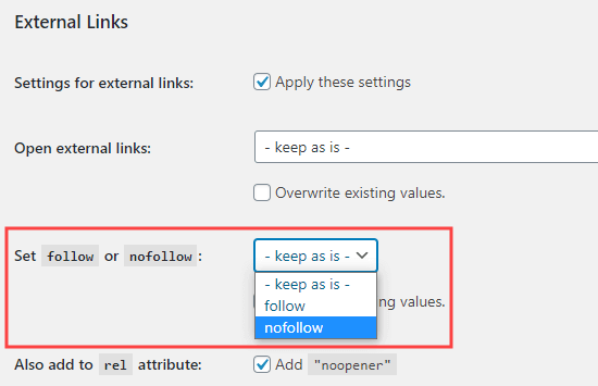 Usando o plugin para definir links externos para serem automaticamente nofollowed