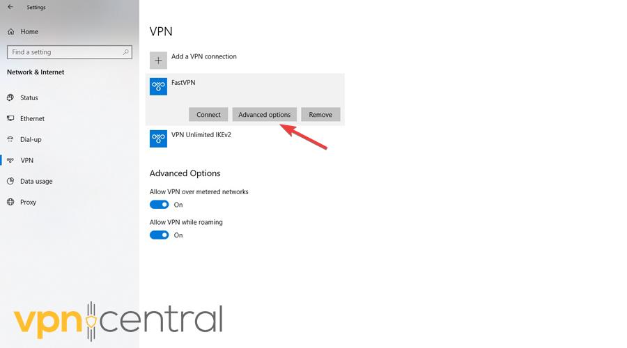 Advanced VPN options in Windows