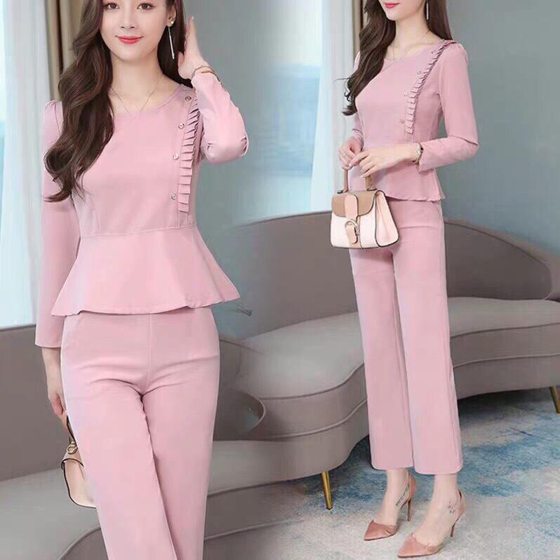 Set bộ áo peplum phối nút HN606