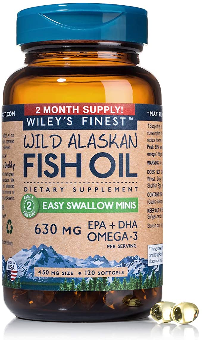 Wild Alaskan Omega-3 Fish Oil - Easy Swallow Minis 2X Double Strength 630mg EPA + DHA Natural Supplement 120 Mini Softgels