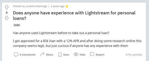 Person asking about LightStream personal loans user experience on Reddit forum