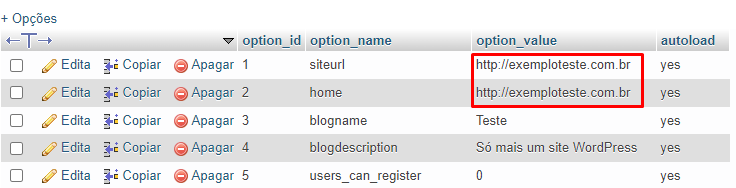 Destaque para as configurações de url do site e home nas configurações do banco de dados pelo phpMyAdmin