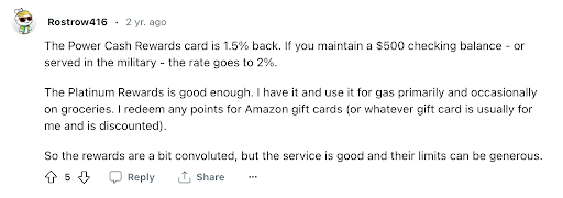 Positive PenFed credit card review from Redditor who has both the PenFed Power Cash and the PenFed Platinum credit cards.