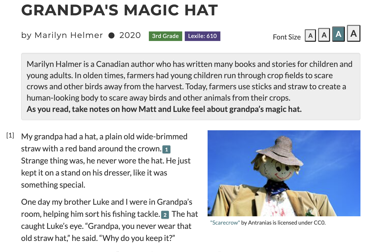 Screenshot of beginning of "Grandpa's Magic Hat" lesson including a picture of a scarecrow.