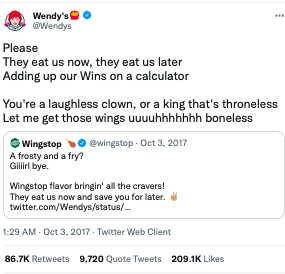 Wendy's tweet - Please they eat us now, they eat us later.