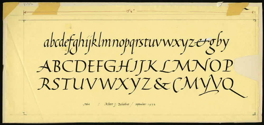 Calligraphic alphabet on a yellow background