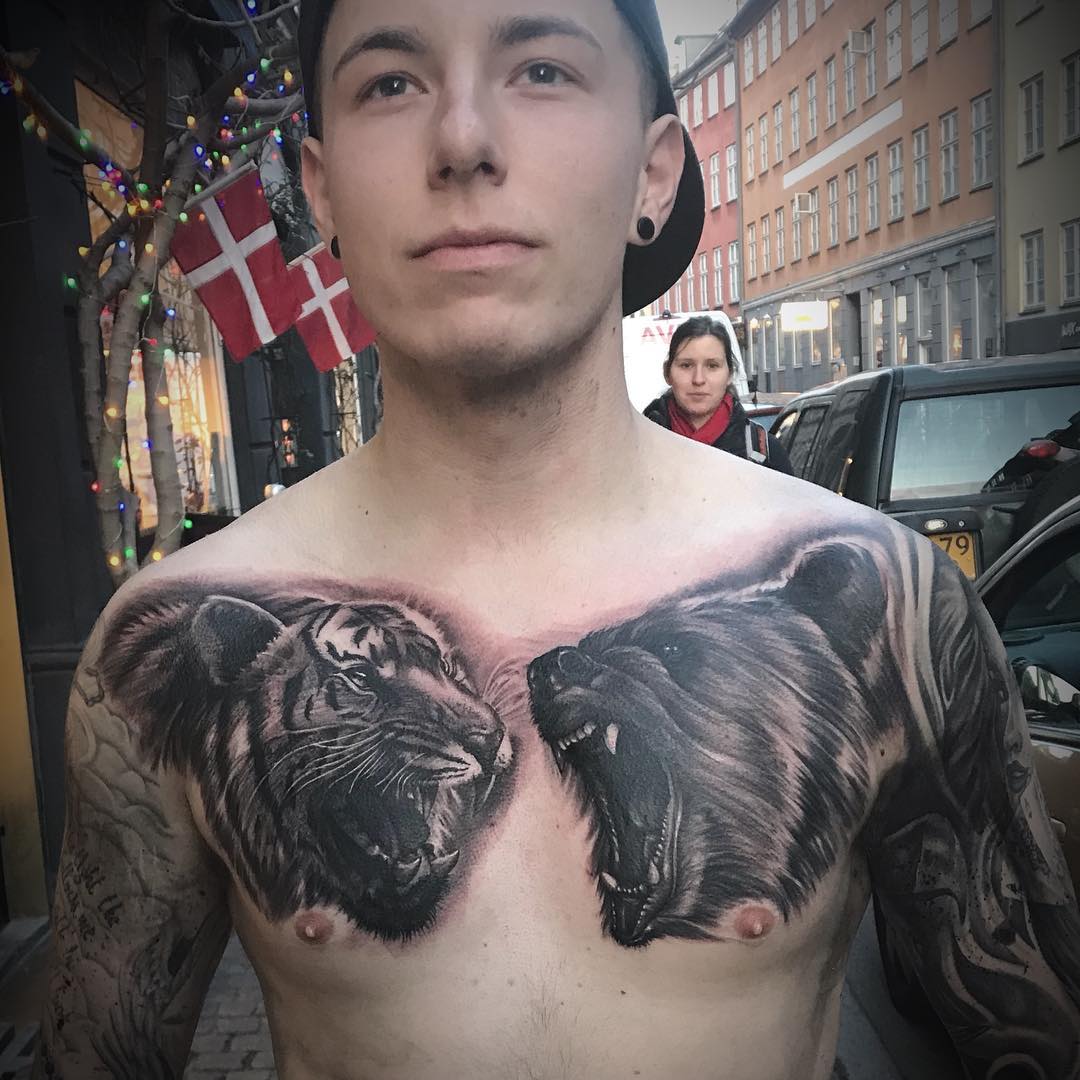 Bold Tiger & Bear Chest Tattoo