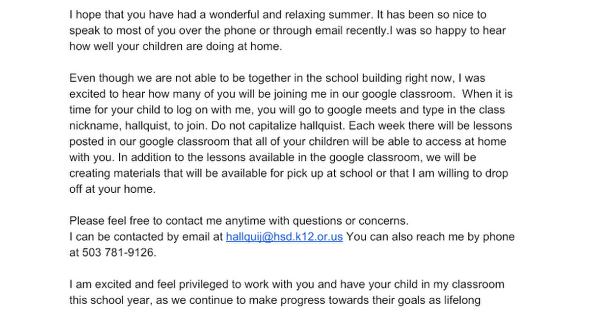 Hallquist Back To School Letter