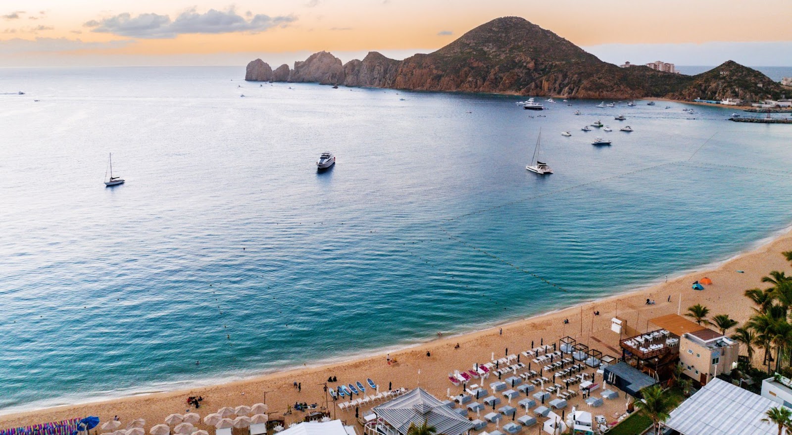 Aerial shot of Medano Beach and Land's End in Cabo San Lucas