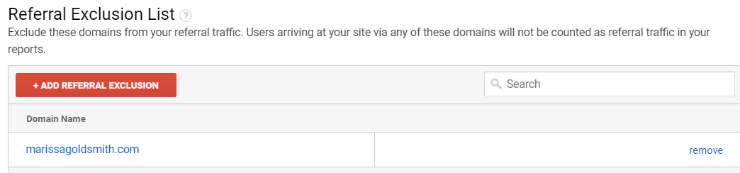 Screenshot of referral exclusion listing in Gogole Analytics