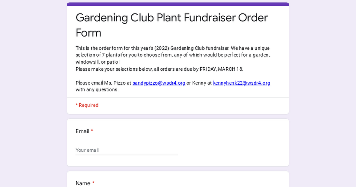 Gardening Club Plant Fundraiser Order Form