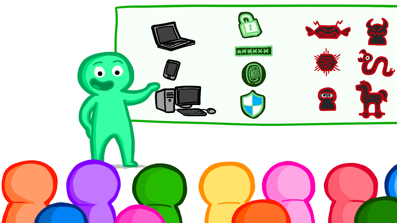 Illustration of a teacher presenting to a class, with a projection of cybersecurity symbols