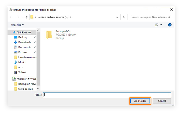 Backing up from a folder in Windows 10.