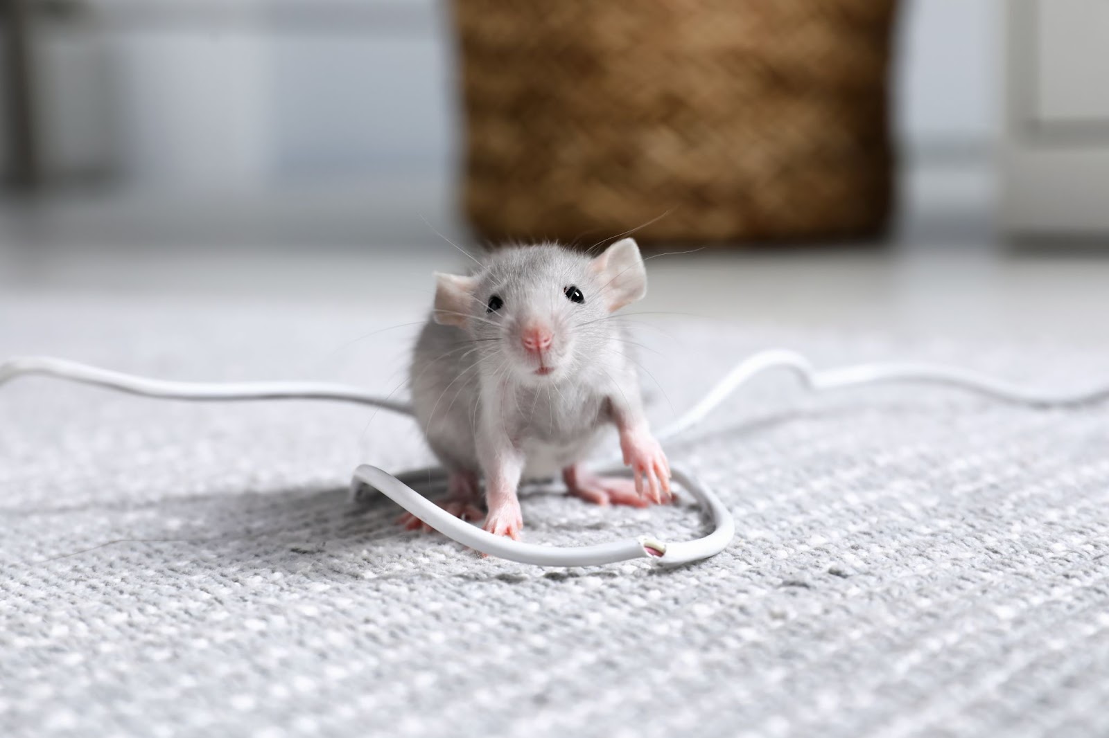 A gray rat on top of a white wire.