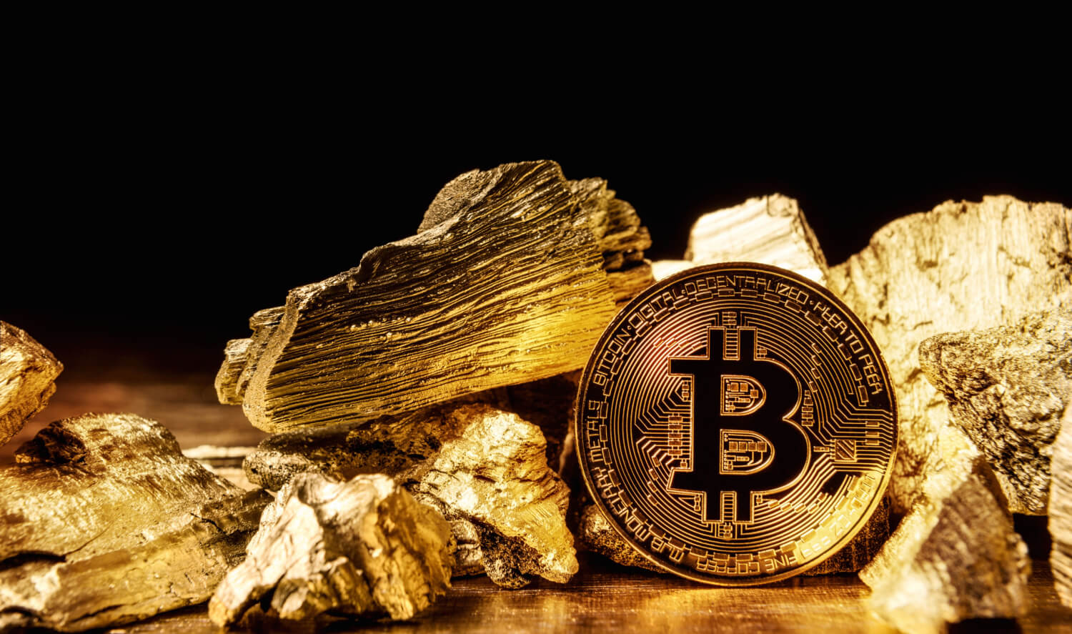 bitcoin in front of a pile of gold nuggets