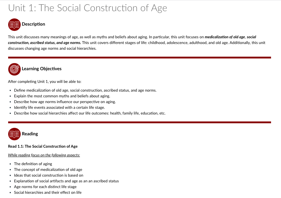 The image shows a page structure in an online course. At the top, the title reads “Unit 1: The Social Construction of Age”. Below the main title there are three subtitles. The first subtitle reads “Description” and includes the following text underneath it: “This unit discusses many meanings of age, as well as myths and beliefs about aging. In particular, this unit focuses on medicalization of old age, social construction, ascribed status, and age norms. This unit covers different stages of life: childhood, adolescence, adulthood, and old age. Additionally, this unit discusses changing age norms and social hierarchies.” The second subtitle reads “Learning Objectives” and includes the following text underneath it: “After completing Unit 1, you will be able to: Define medicalization of old age, social construction, ascribed status, and age norms. Explain the most common myths and beliefs about aging. Describe how age norms influence our perspective on aging. Identify life events associated with a certain life stage and Describe how social hierarchies affect our life outcomes: health, family life, education, etc.” The third subtitle reads “Reading” and includes the following text underneath it: “Read 1.1: The Social Construction of Age While reading focus on the following aspects: The definition of aging, The concept of medicalization of old age, Ideas that social construction is based on, Explanation of social artifacts and age as an an ascribed status, Age norms for each distinct life stage, and Social hierarchies and their effect on life.”