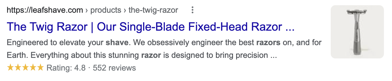 Example of a review rich snippet on Leaf Shave's SERP listing