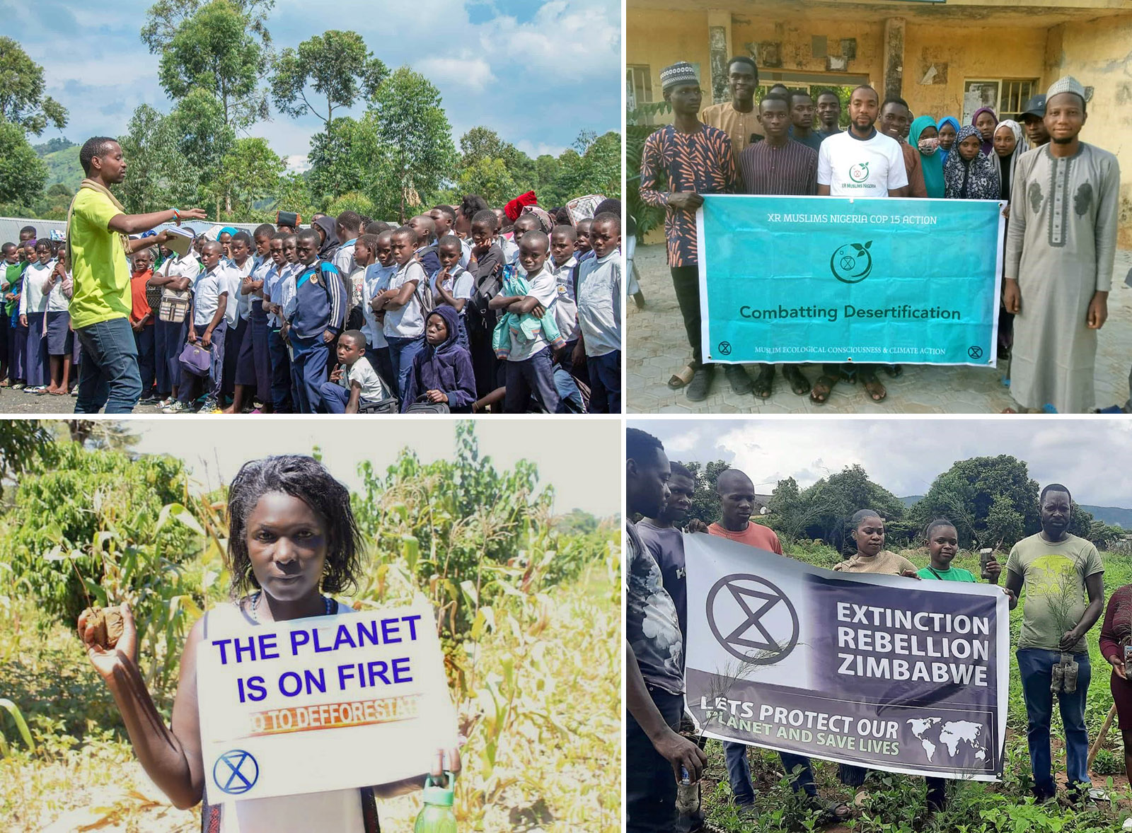 Top left: large group of schoolchildren listen to a speaker. Top right: group of activists hold banner reading 'Combatting Desertification'. Lower left: woman holds 'The Planet Is On Fire' placard. Lower right: rebels hold 'Extinction Rebellion Zimbabwe' banner