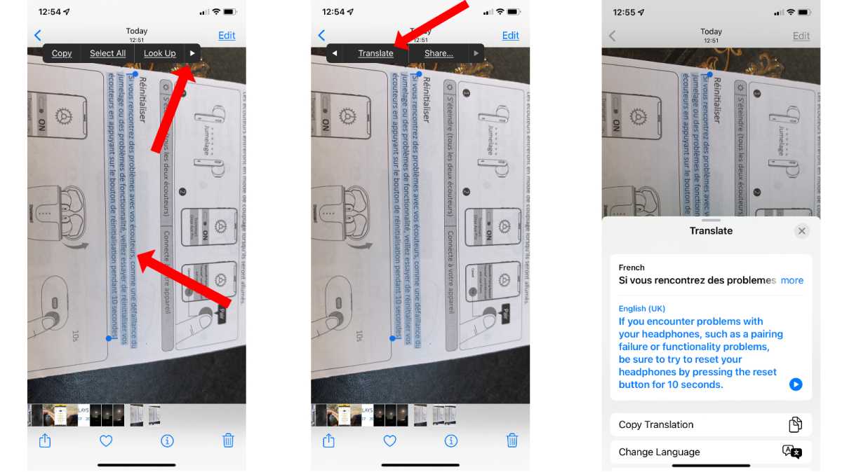Langkah-langkah yang diperlukan untuk menerjemahkan teks dalam foto dengan Teks Langsung di iOS 15