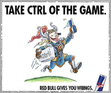 Knight character holding a Red Bull can and a CTRL button with text above Take ctrl of the game. and below Red Bull gives you wings.