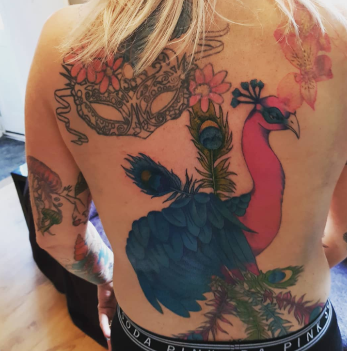 Cute Peacock And Mask Tattoo