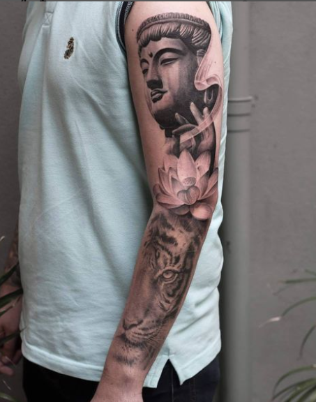 Flower And Buddha Tattoo On Sleeve