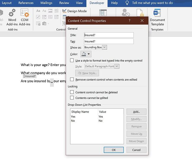 How to create a survey in microsoft word: add instructional text or drop down menu options