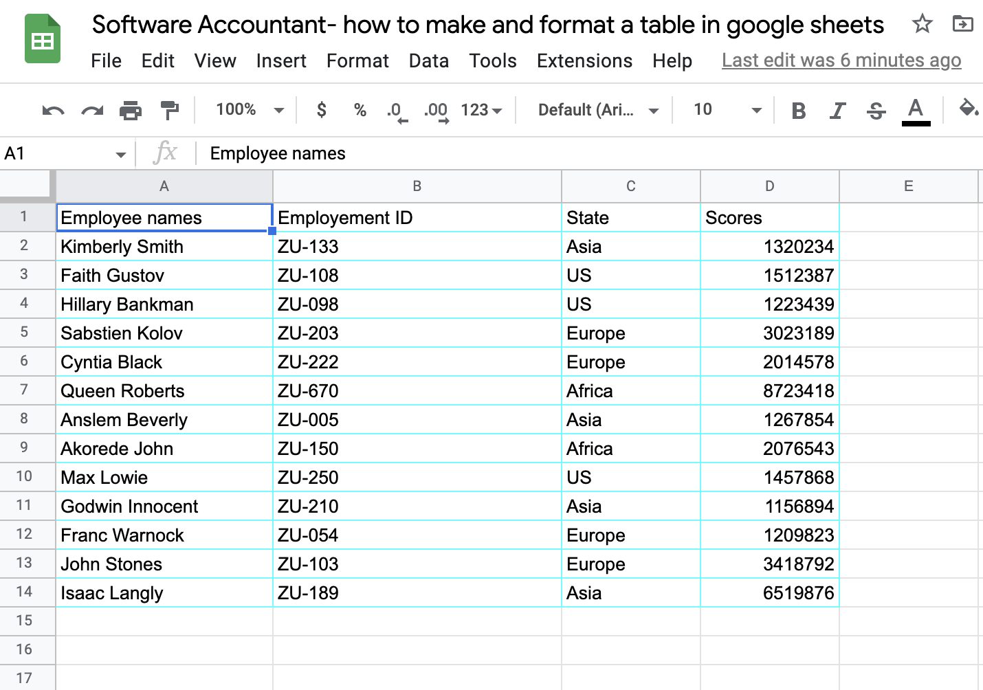 How to make and format a table in Google Sheets: Applying the borders 