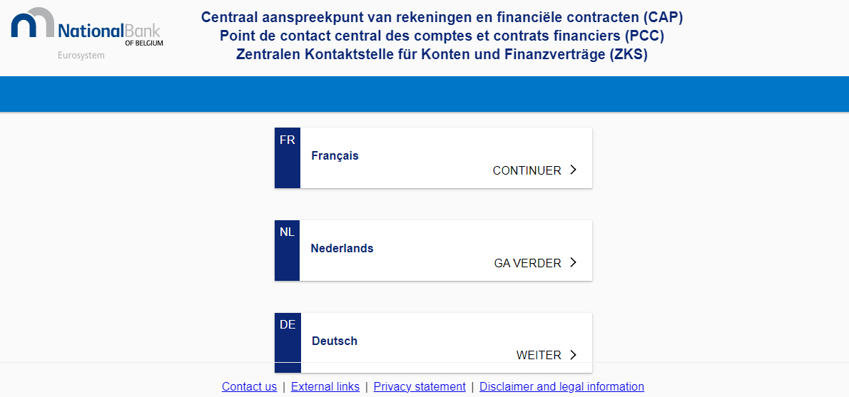 Language selection - Screenshoot of the National Bank of Belgium (NBB) website  