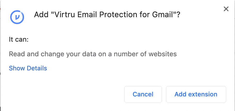 Modal with prompt to confirm that you want to add Virtru email extension