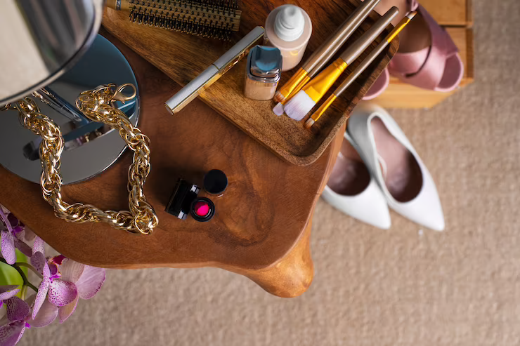 Well-arranged accessories, including shoes, stylish jewellery, and basic makeup, placed on a wooden table against a neutral background for Oxbridge Interview attire preparation.