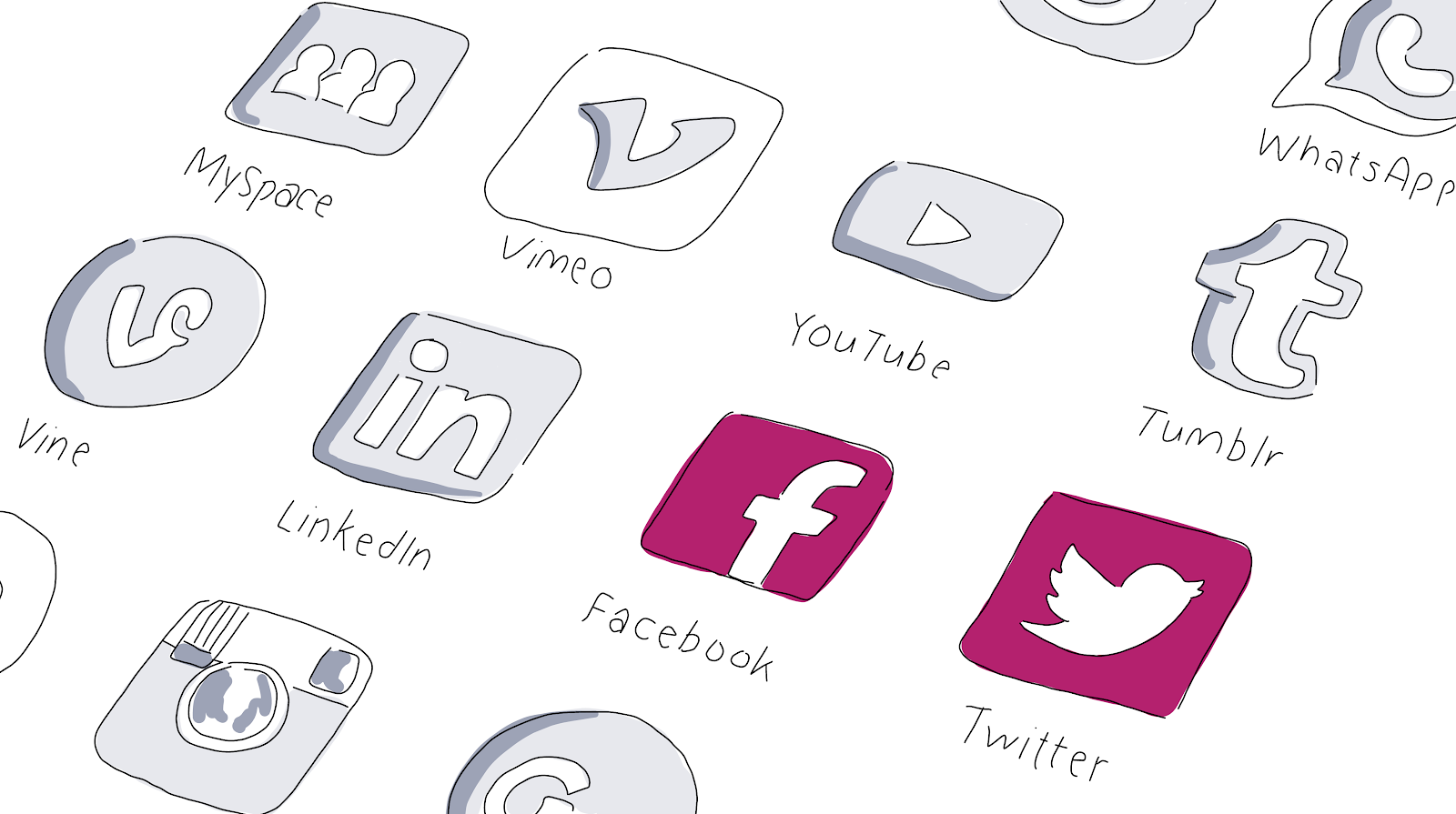 illustration of apps: myspace, youtube, facebook, twitter, etc.