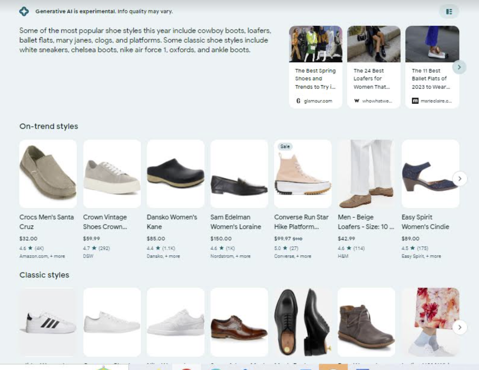 SGE result showing shoes shopping results