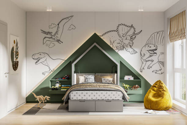 Green bedroom with yellow elements