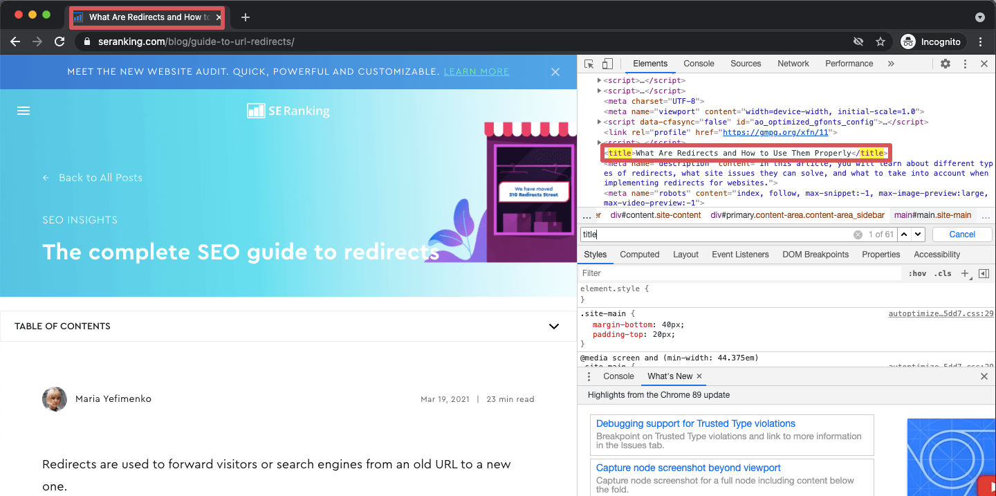 Example of live page title code