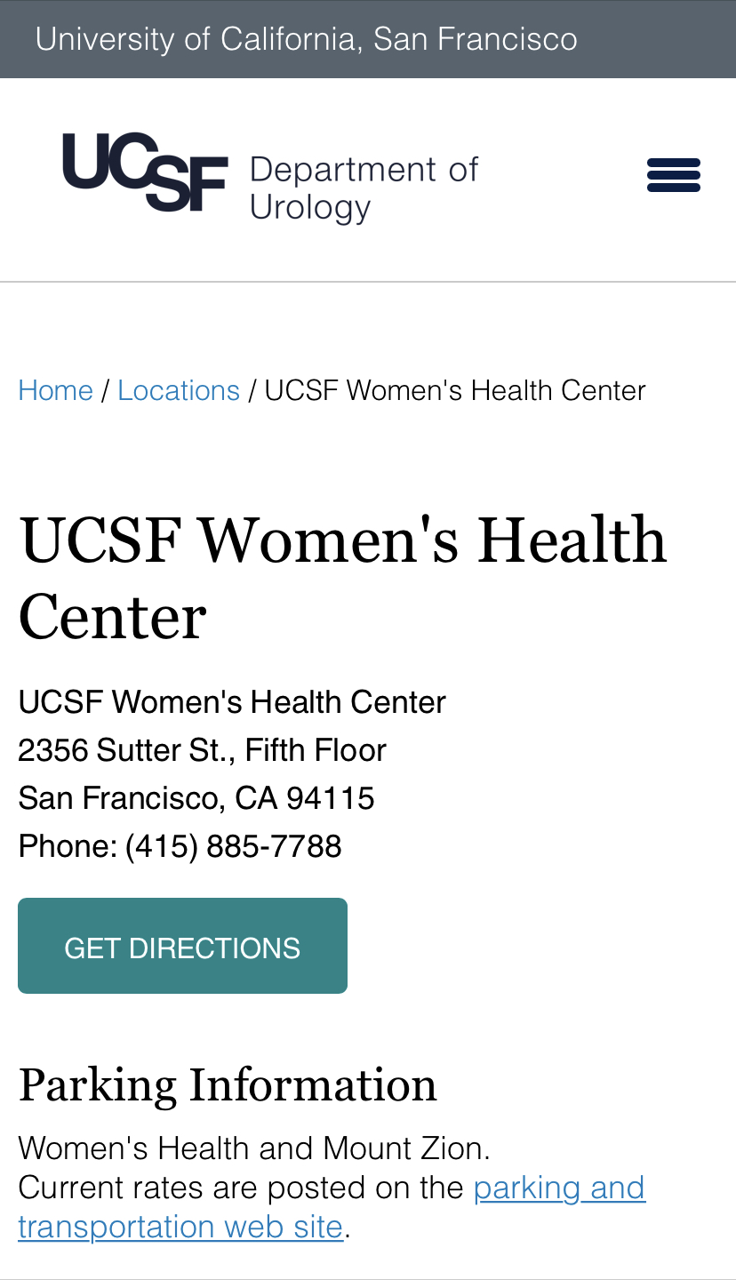 Screenshot of the UCSF Department of Urology contact page on mobile, showing their attention to healthcare content strategy