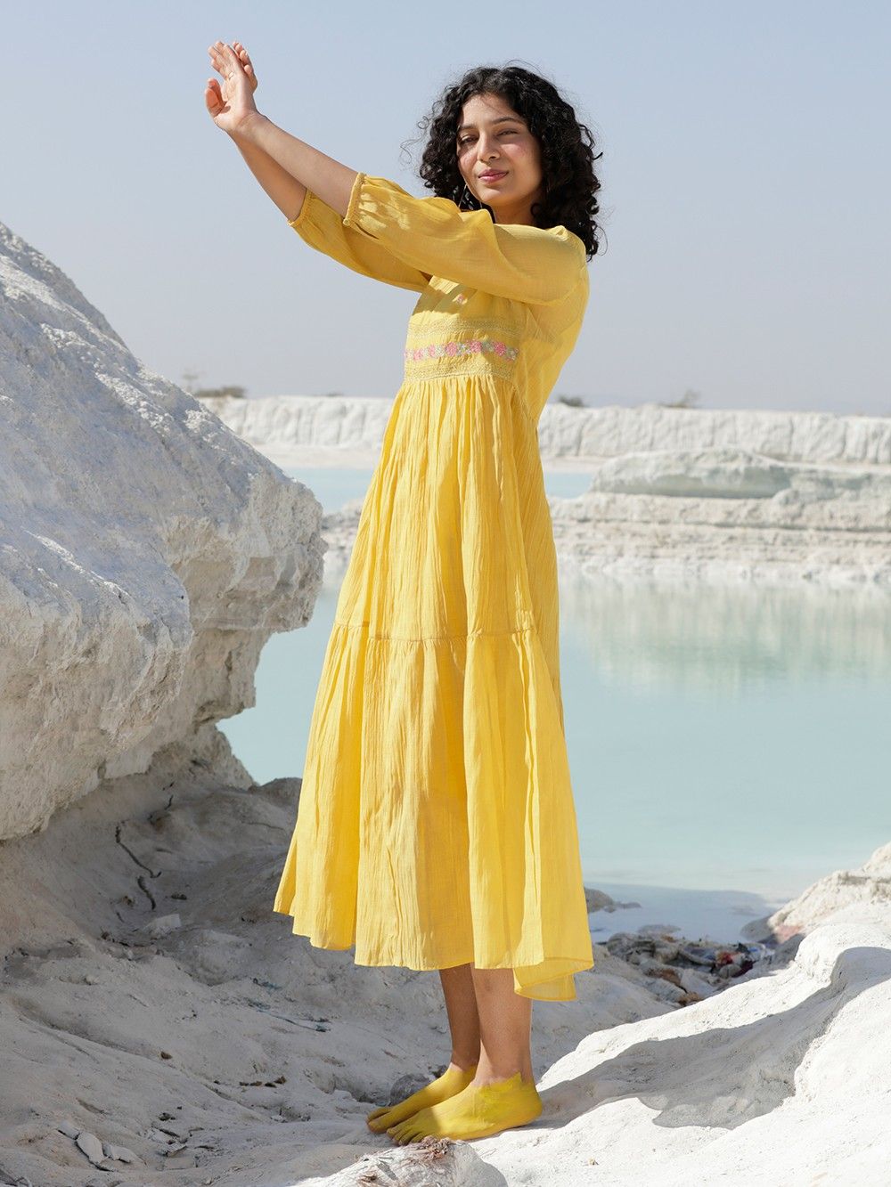 the loom - Mustard Yellow Embroidered Chanderi Dress