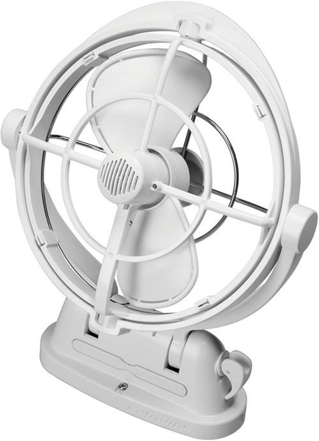 The Sirocco II fan in white, featuring the unique gimballed design that allows for 360° airflow.