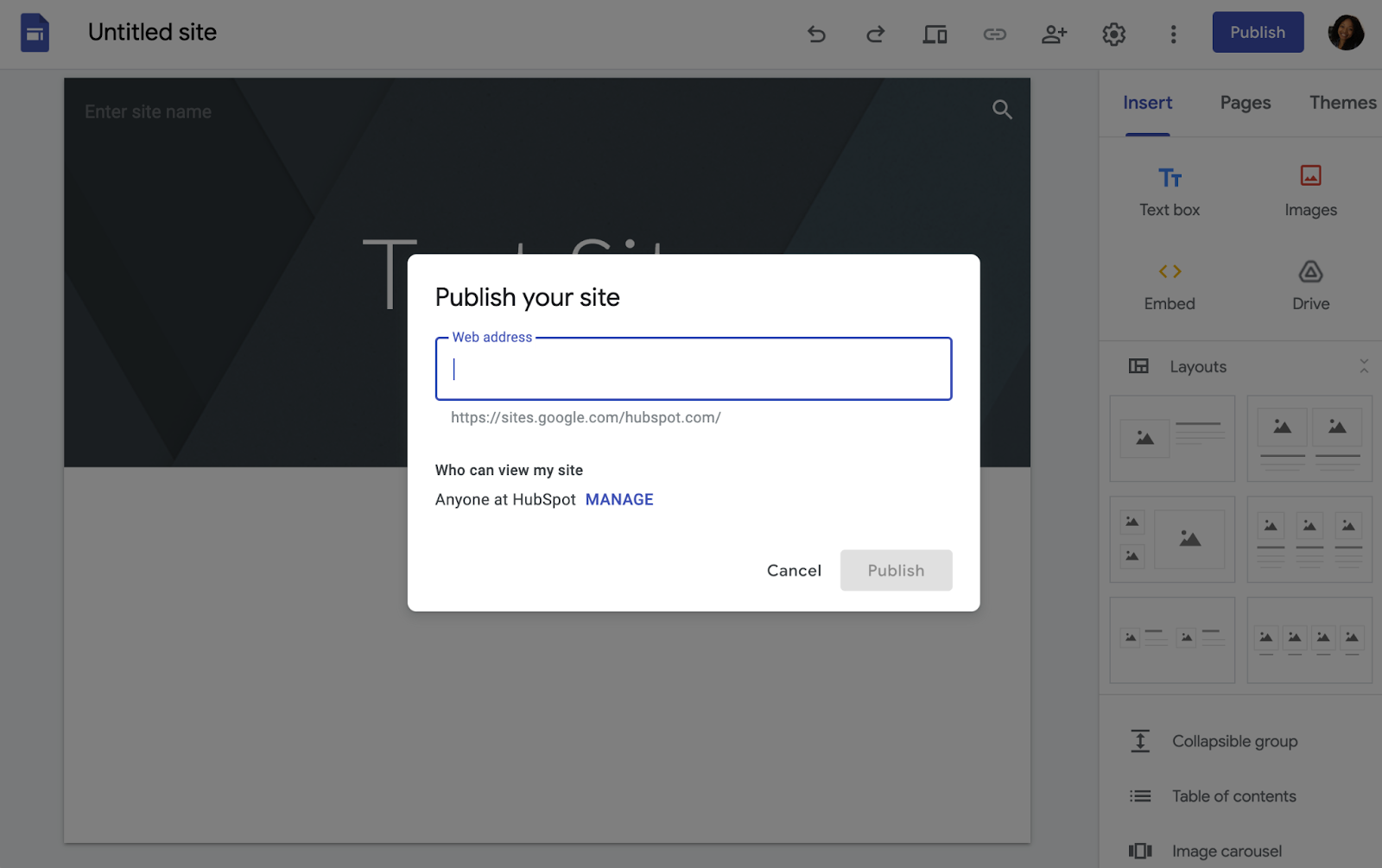 How to Use google Sites: Step 5 click publish