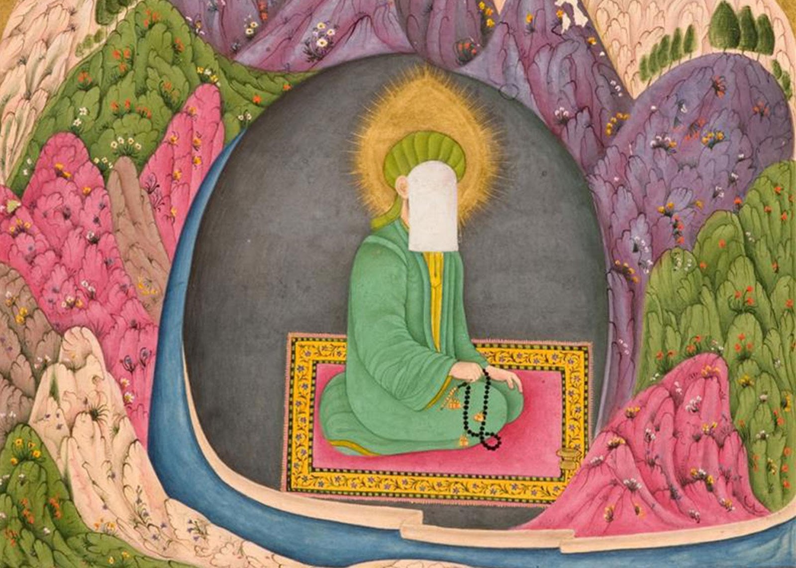 A painting of the Prophet Muhammed (with face covered), sitting on a mat in the cave of Hira. He is holding beads in one hand, his head is covered and surrounded by light. The cave is surrounded by mountains in various colours.