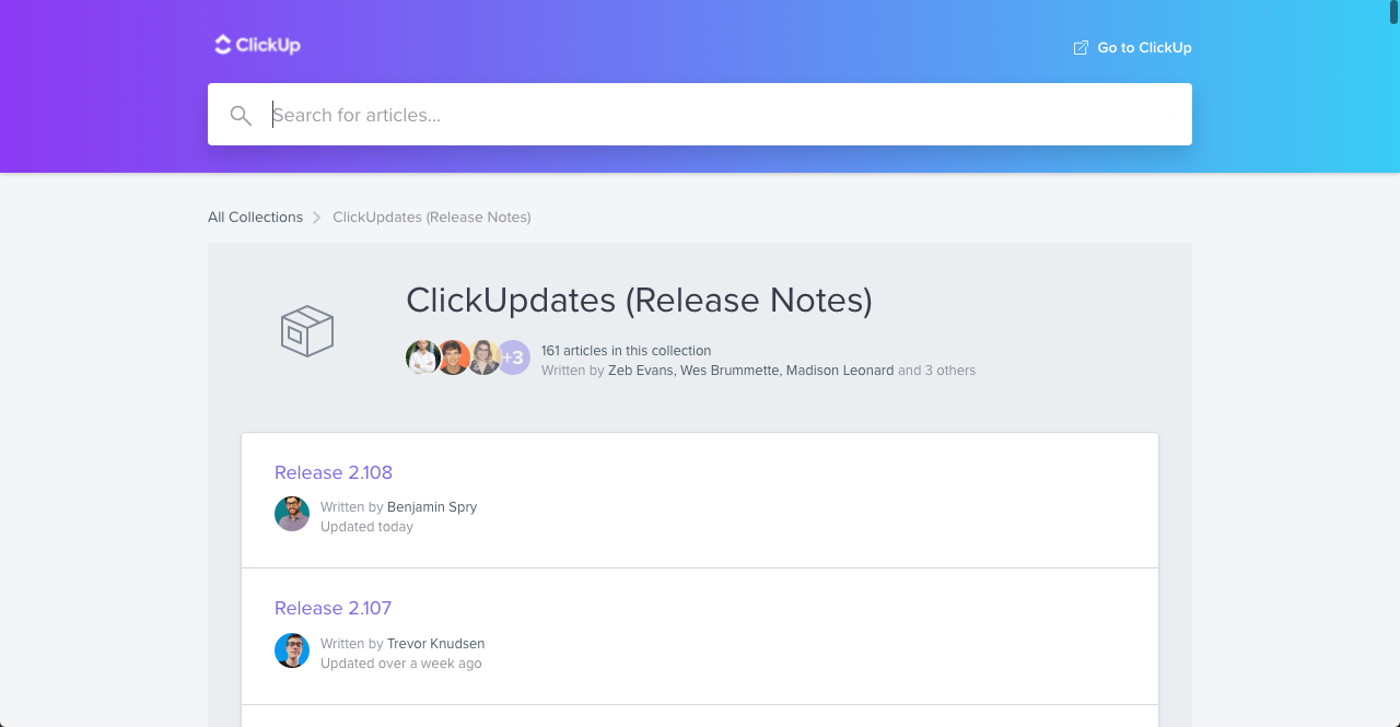 ClickUp Release Notes example