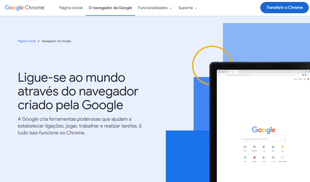 Página institucional do Navegador Google Chrome