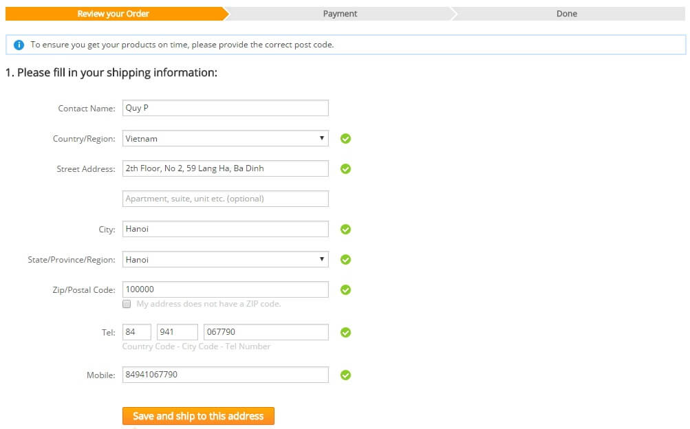 Điền địa chỉ nhận hàng tại Việt Nam