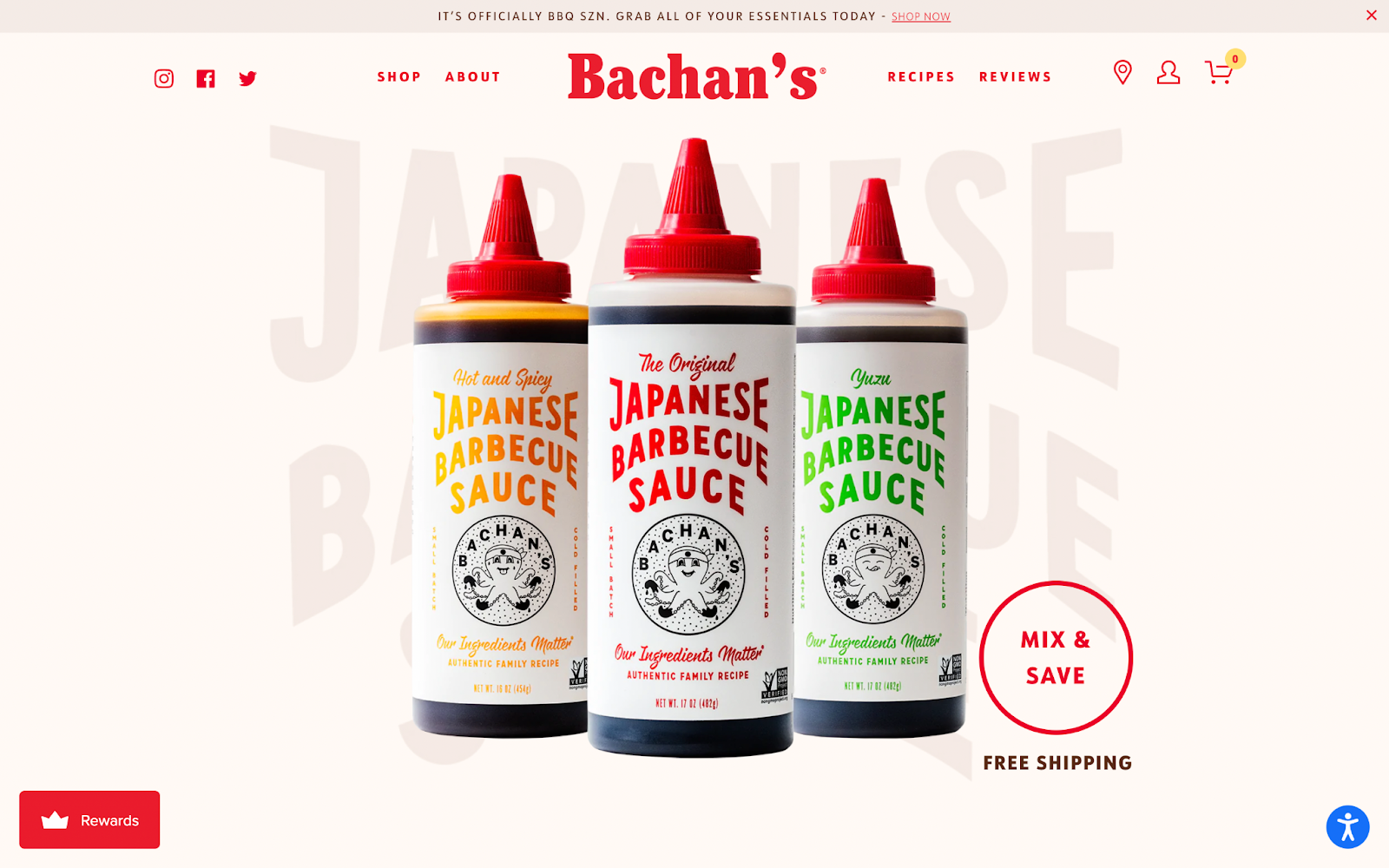 Branding checklist–A screenshot of Bachan's homepage showing 3 bottles of barbecue sauce. 