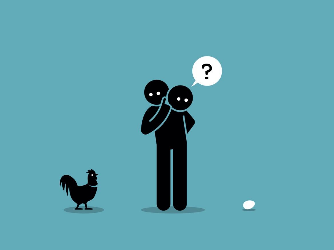 A cartoon of two people looking at a chicken