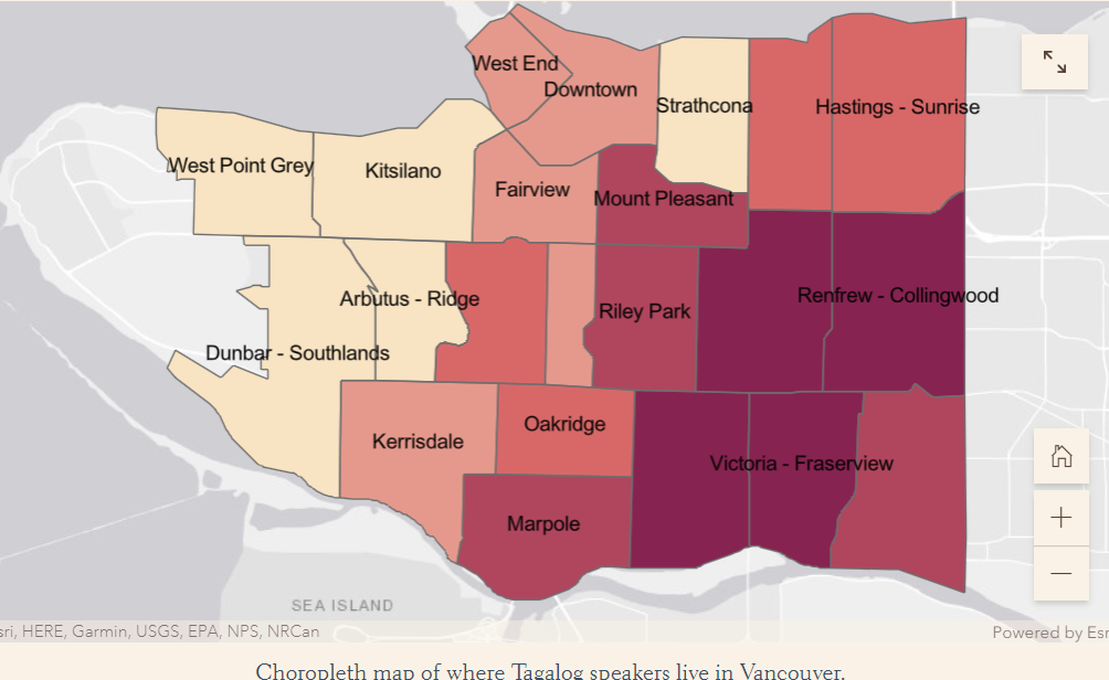 A map of Vancouver where Tagalog speakers live