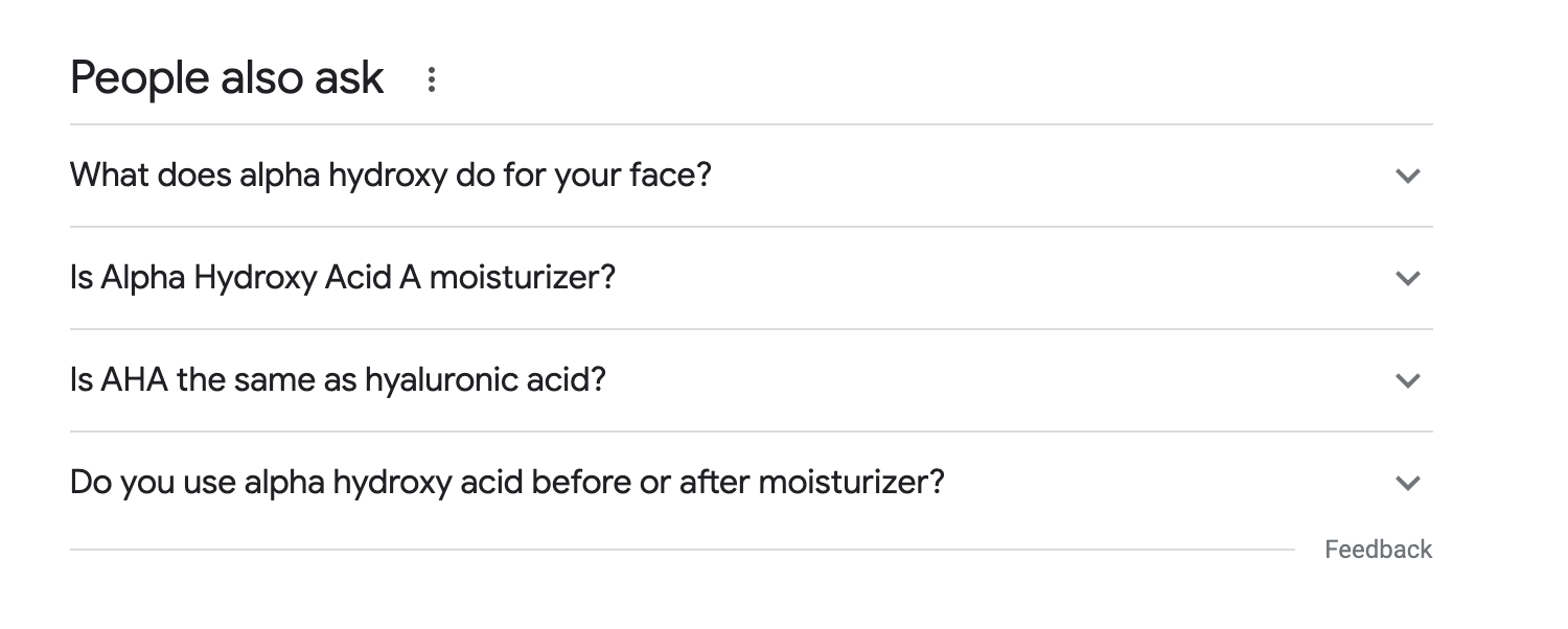 Screenshot from Google of frequently asked questions regarding alpha hydroxy.