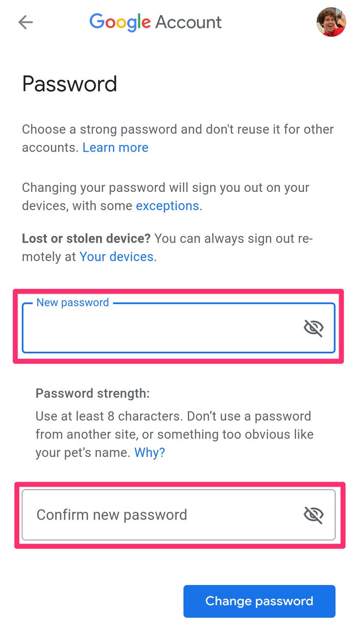 Screenshot of change password page on Android Settings app