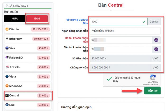 Hình ảnh khi tạo lệnh bán Central trên Muabancoin.io